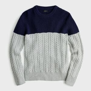 J Crew Rugged Merino Wool Mixed-Knit Crewneck Sweater cable knit gray blue J7717